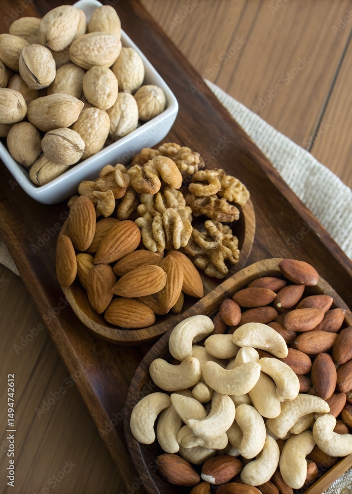 Assortment of nuts in wooden bowls on tray. Assortment of nuts in wooden bowls on tray.