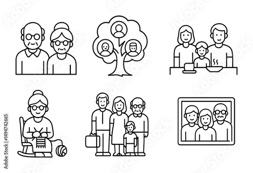 Family reunion line icons set – outline, linear, ancestry and genealogy symbols