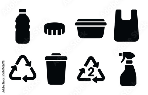 Recycling and waste management solid icons set – filled, eco, environment symbols