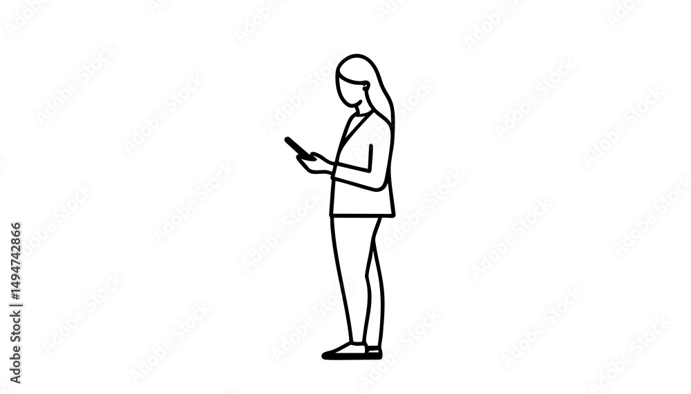 Fototapeta premium Minimal illustration of woman using smartphone – digital lifestyle, mobile communication concept