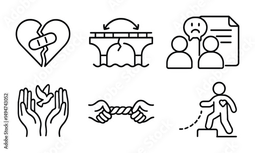 Conflict resolution line icons set – outline, peace, mediation and communication symbols