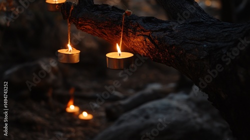 Enchanting Candles Glow on a Dark Tree Branch at Night, Creating a Magical Atmosphere.