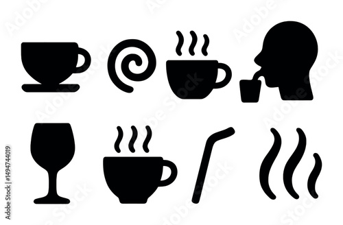 Hot beverage icons silhouette set for cafe design and branding