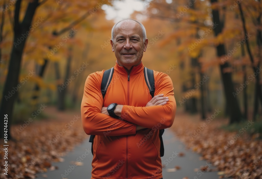 Obraz premium Senior man in an orange jacket standing confidently in a fall forest