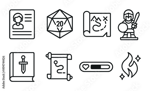 Rpg gaming line icons set – outline, fantasy, tabletop role-playing game symbols