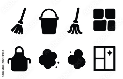 Cleaning and hygiene solid icons set – flat, filled, housekeeping and sanitation symbols