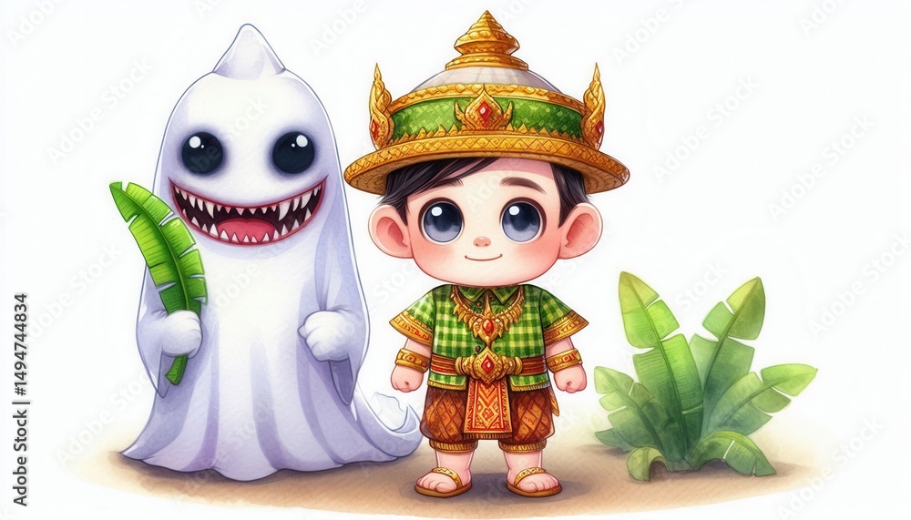 Fototapeta premium Playful ghost encounter with a young boy in traditional attire fantasy setting colorful artwork