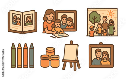 Family and childhood silhouette icons set – flat, outline, memorable moments collection