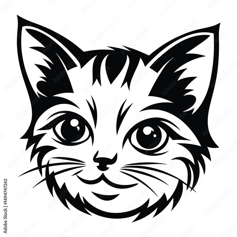 Obraz premium Minimalist Black and White Vector Illustration of a Cat's Face on White Background 