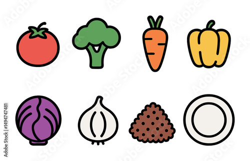 Fresh vegetables icons set in outline – flat, filled, healthy food symbols