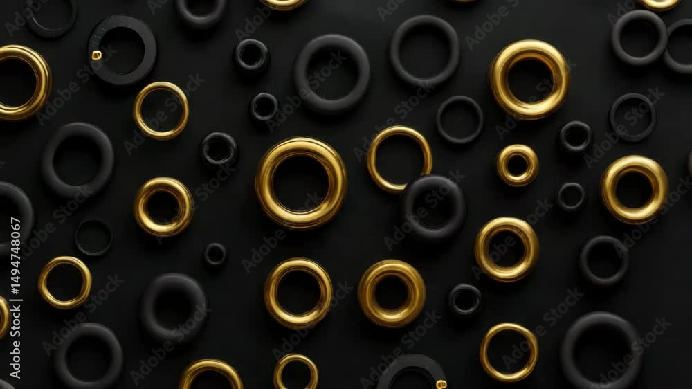 Rotating black background with gold and black small rings Rotating black background with gold and black small rings