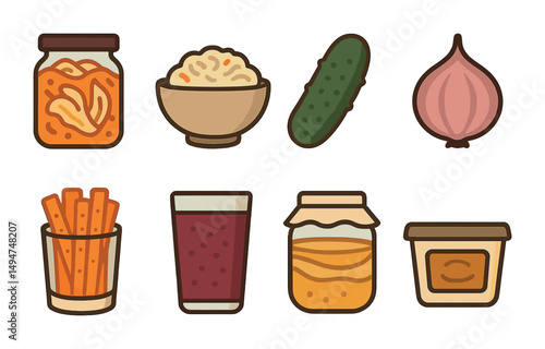 Pickling and preserving icons set – flat, solid, fermentation and preserving symbols