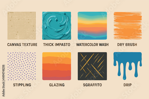 Artistic techniques icons set – flat, outline, painting, drawing symbols