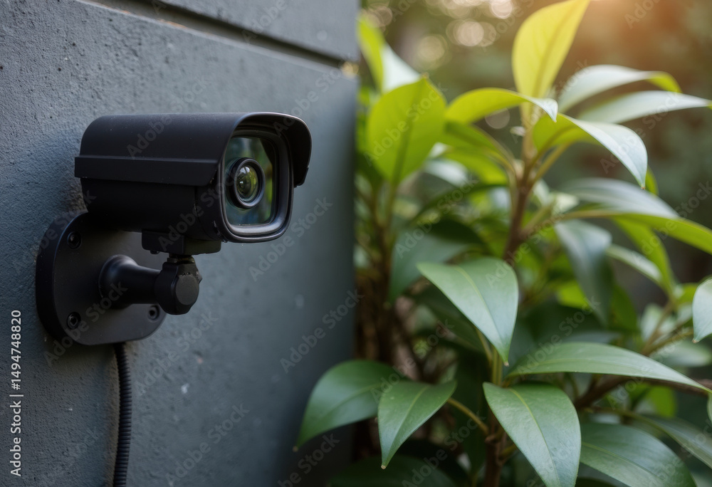 Security camera mounted on a wall surrounded by lush green foliage Security camera mounted on a wall surrounded by lush green foliage