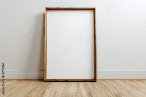 Empty Wooden Frame on Light Wooden Floor Against White Wall