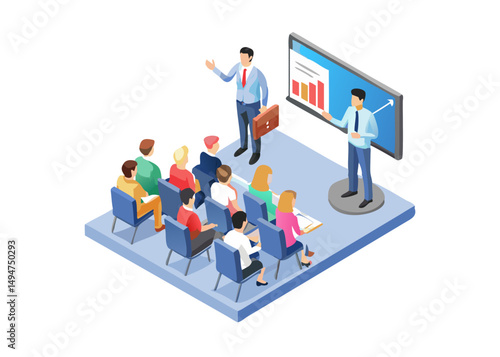 Presentation concept. Speaker coach speaking lecture before audience. Business meeting, training, conference infographic template. Flat isometric vector illustration.  