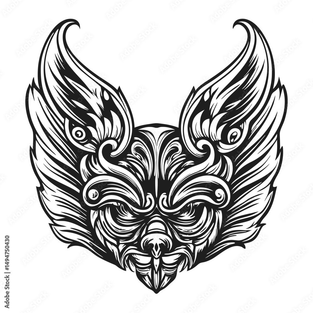 Fototapeta premium Intricate Black and White Vector Illustration of an Ornate Bat Head with Striking Detail. 
