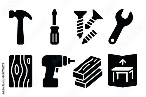 Construction and tools solid icons set – flat, filled, diy and maintenance graphics