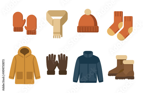 Winter clothing flat icons set – warm apparel, seasonal wear, fashion symbols