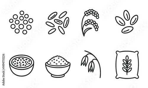 Grain and cereal outline icons set – linear, flat, food and harvest symbols