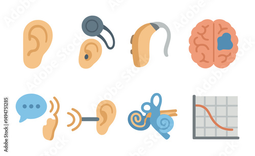 Hearing and ear health icons set - flat, filled, auditory care and medical symbols