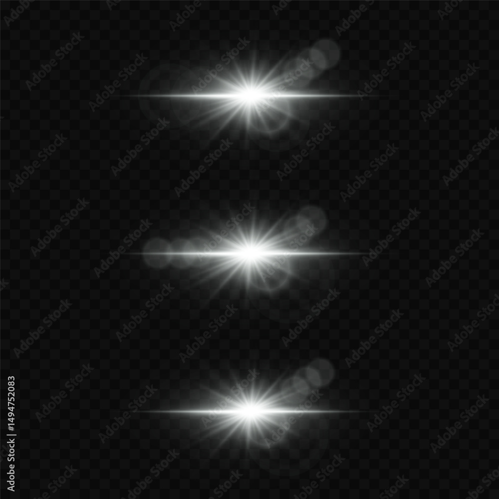 Obraz premium Bright white glare of light with lens reflection, star flash.