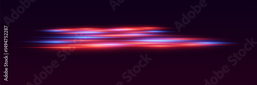 Glowing red and blue neon light traces. On a dark gradient background