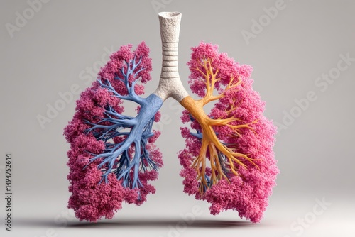 Colorful 3D model of human lungs showcasing the respiratory system in a detailed and artistic manner