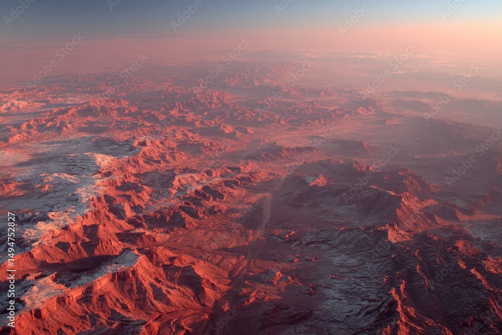 Obraz premium Vast desert landscape showing rugged terrain at dusk with warm hues and distant mountains
