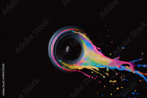 a black camera lens with a rainbow paint splatter