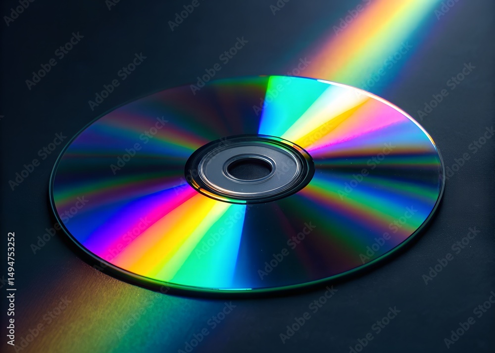 Colorful light reflections on a shiny compact disc with a dark background showcasing vibrant hues during an artistic still life arrangement Colorful light reflections on a shiny compact disc with a dark background showcasing vibrant hues during an artistic still life arrangement