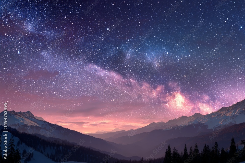 Fototapeta premium Starlit sky illuminates mountain landscape at twilight during a serene night