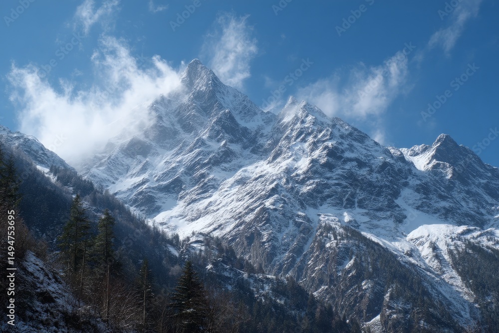 Obraz premium Snow-covered mountain peaks rise majestically under a clear blue sky during a bright winter day in a serene landscape