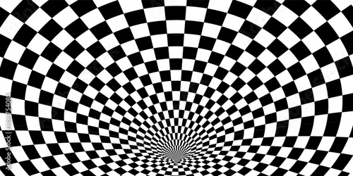 Abstract Black and White Optical Illusion Surrealism Tunnel Portal Pattern. Contrasty Optical Art Gravity Vortex. Smooth Checkered Tunnel and Chessboard in Perspective. Vector Illustration.