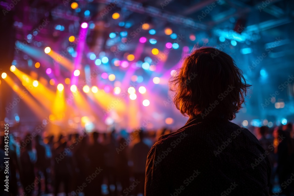 Crowd enjoys vibrant light show at live music concert in urban venue during evening hours Crowd enjoys vibrant light show at live music concert in urban venue during evening hours