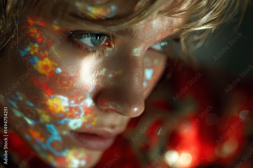 Close-up portrait of a young person illuminated by colorful projections in a dimly lit setting Close-up portrait of a young person illuminated by colorful projections in a dimly lit setting