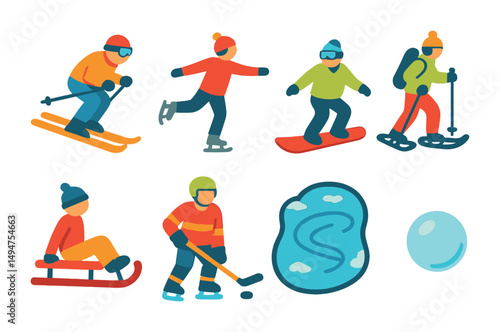Winter sports flat icons set – skiing, snowboarding, ice skating symbols