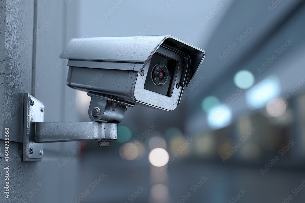 Security camera monitors urban street during rainy evening with blurred background lights Security camera monitors urban street during rainy evening with blurred background lights