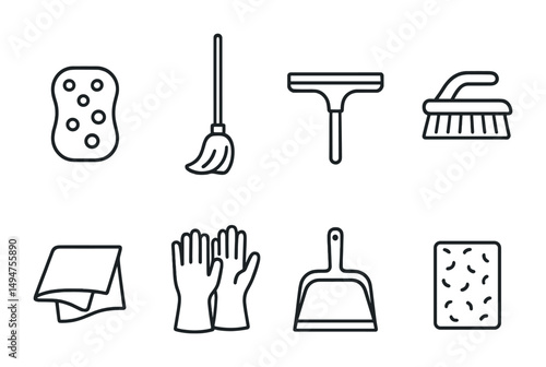 Cleaning tools outline icons set – linear, hygiene, sanitation symbols for chores