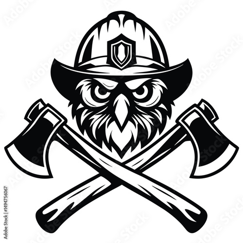 Monochrome Firefighter Owl Vector Graphic with Crossed Axes, Isolated on White - Bold Design for Fire Safety Themes                                   