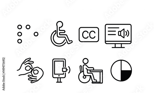 Accessibility and disability icons set – outline, linear, assistive technology symbols