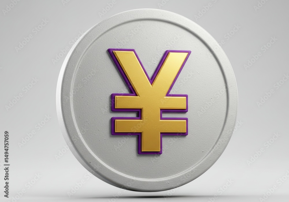 Obraz premium 3D Illustration of Japanese yen coin with gold symbol and purple outline on grey background