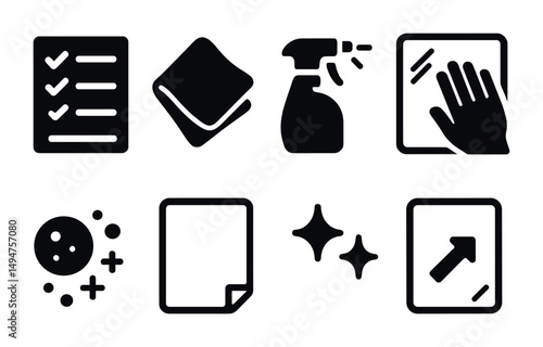 Cleaning and hygiene icons set – solid, filled, sanitation and housekeeping symbols
