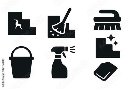 Cleaning tools solid icons set – essential, filled, housework and sanitation symbols