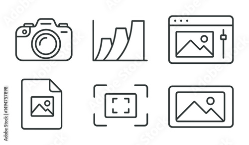 Photography and editing outline icons set – linear, camera, design elements