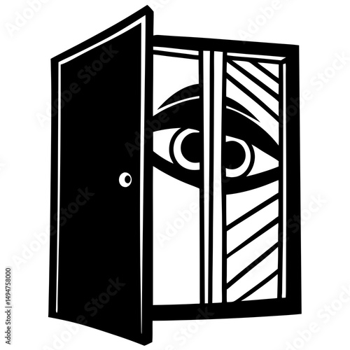 Creepy eye peeking from closet silhouette vector illustration 