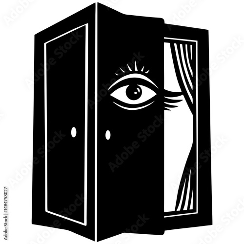 Creepy eye peeking from closet silhouette vector illustration 