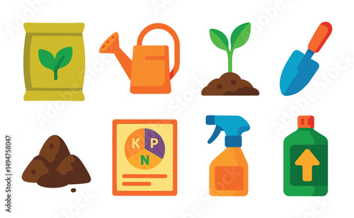 Gardening flat icons set – vibrant, tool and plant care symbols