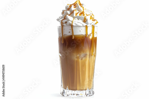 White background high quality detailed photorealistic glass filled with creamy caramel drink whipped cream on top caramel drizzle finish

