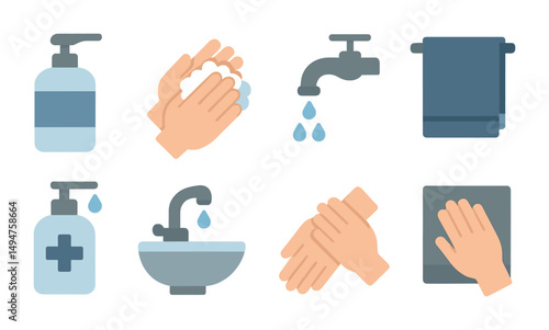 Hygiene and sanitation flat icons set – clean, handwashing, safety symbols